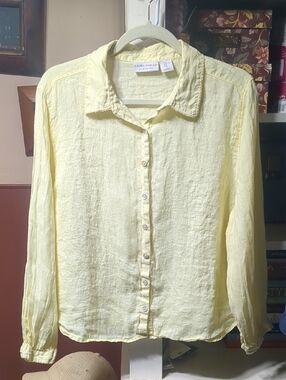 LAURA ASHLEY Pale Butter Yellow Button-Front Linen Shirt Embroidered Trim XL